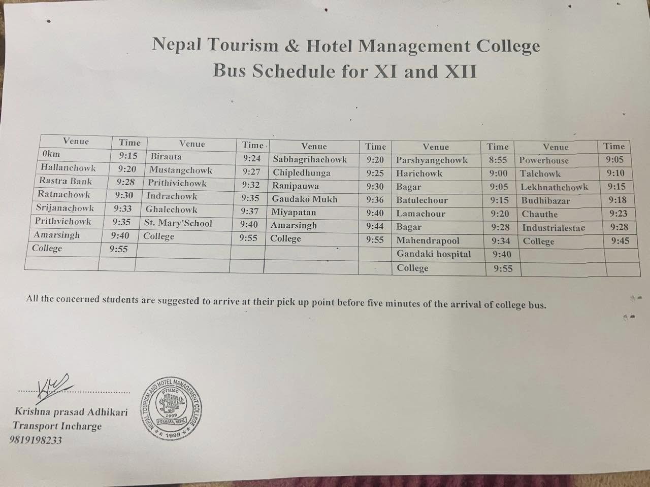 Bus Schedule for Grade 12 and New Intake Grade 11 Students