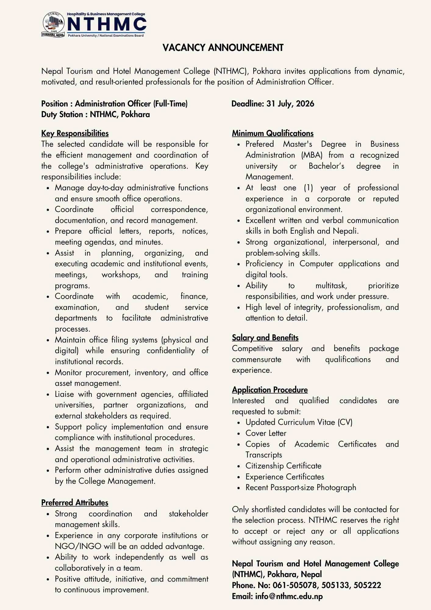 Vacancy Announcement  Administration Officer