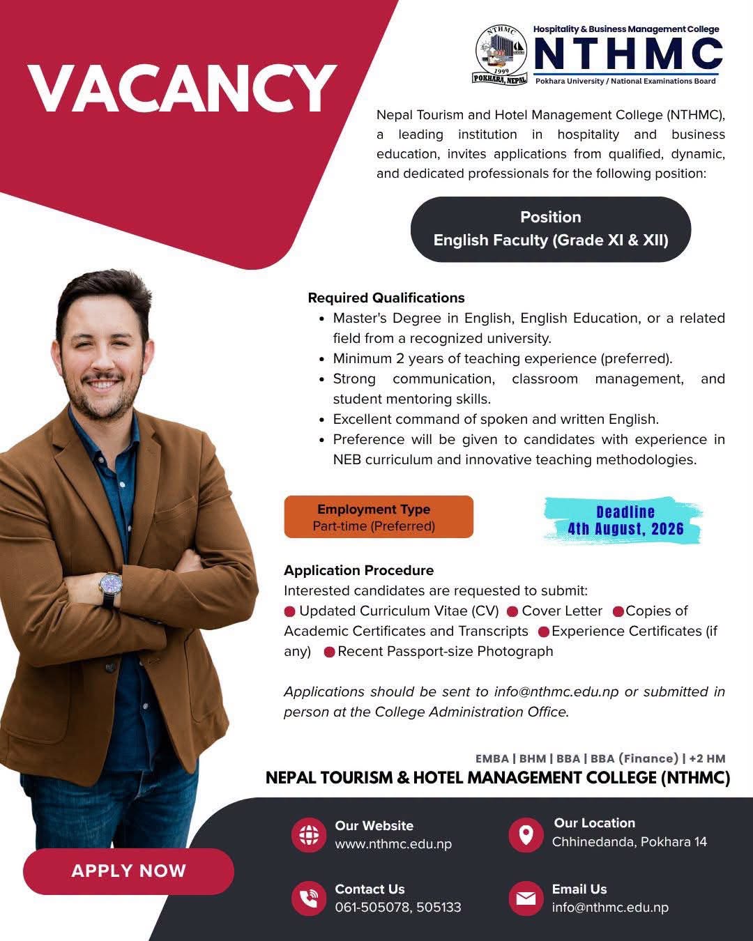 Vacancy Announcement – English Faculty (Grade XI & XII)